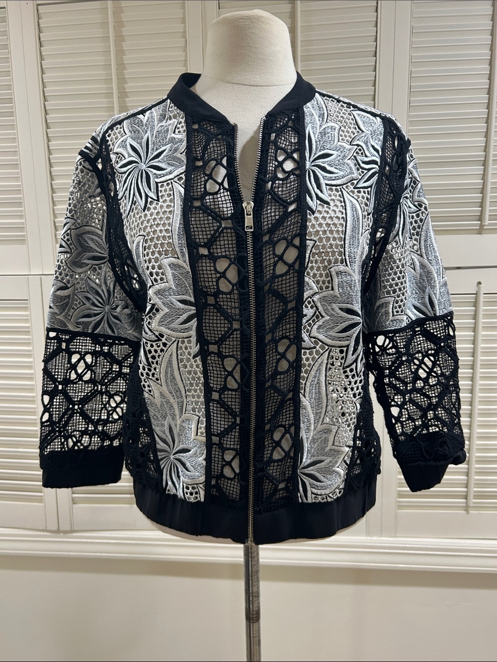 Intermix Embroidered Black & White Lace Bomber Jacket - Women